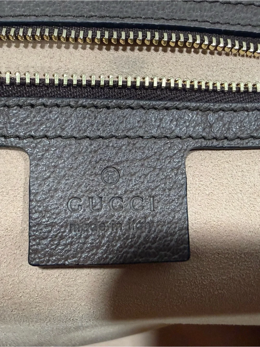 Gucci Ophedia Beige GG Supreme Canvas Tote with Brown Trim and Green-Red Web